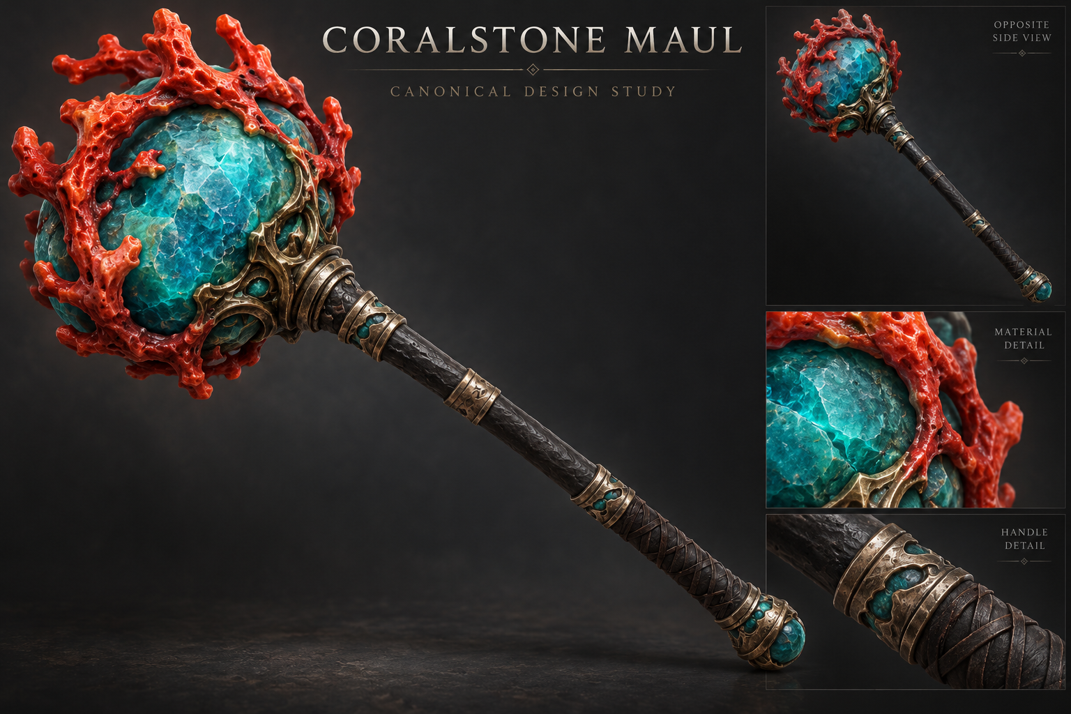 Proposed canonical Coralstone Maul concept: turquoise mineral head, red coral crown and dark banded shaft