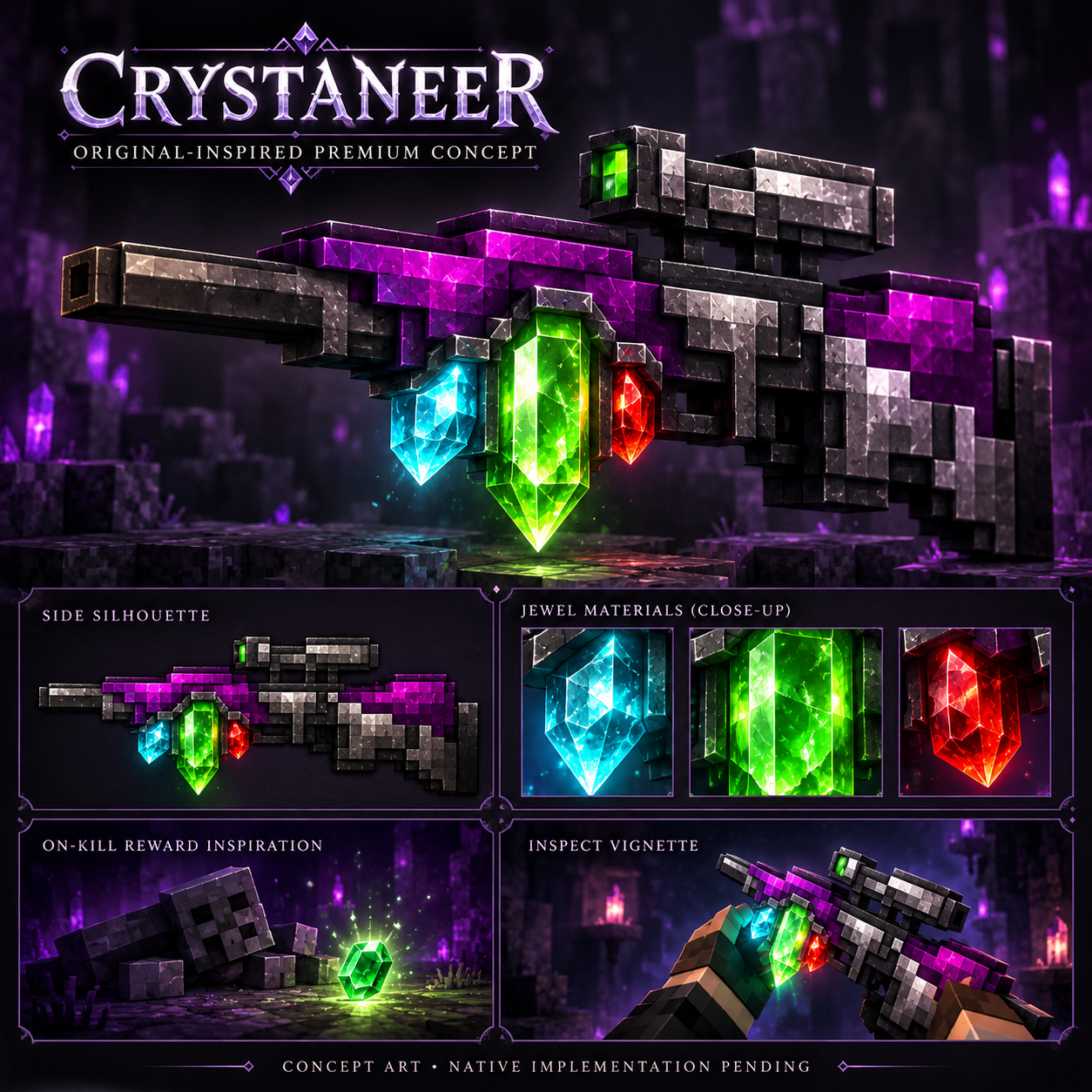 Crystaneer hero, silhouette, jewel material details, reward inspiration and inspect vignette