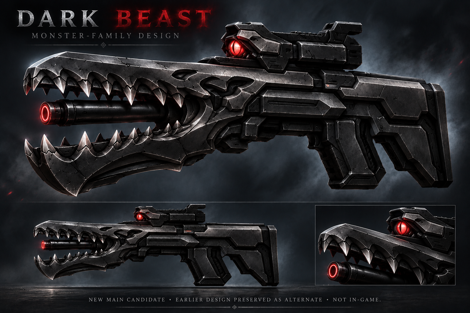 Dark Beast new Monster-family main concept: long angular open jaws, distinct barrel through the mouth, charcoal armor and red eye