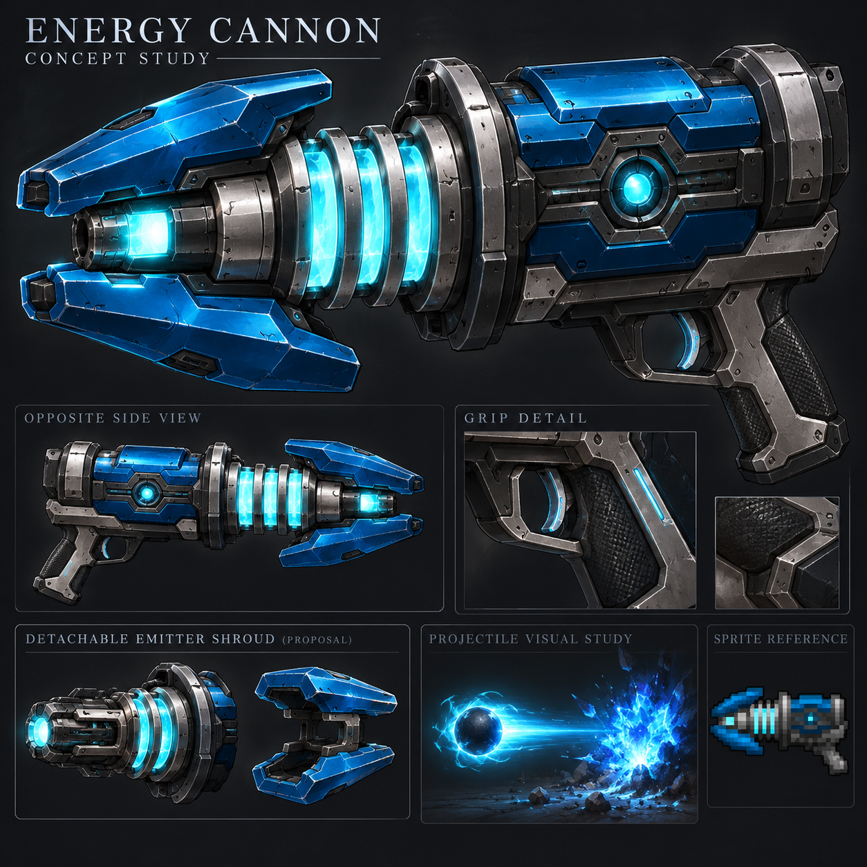 Energy Cannon concept, grip study, removable shroud and proposed projectile