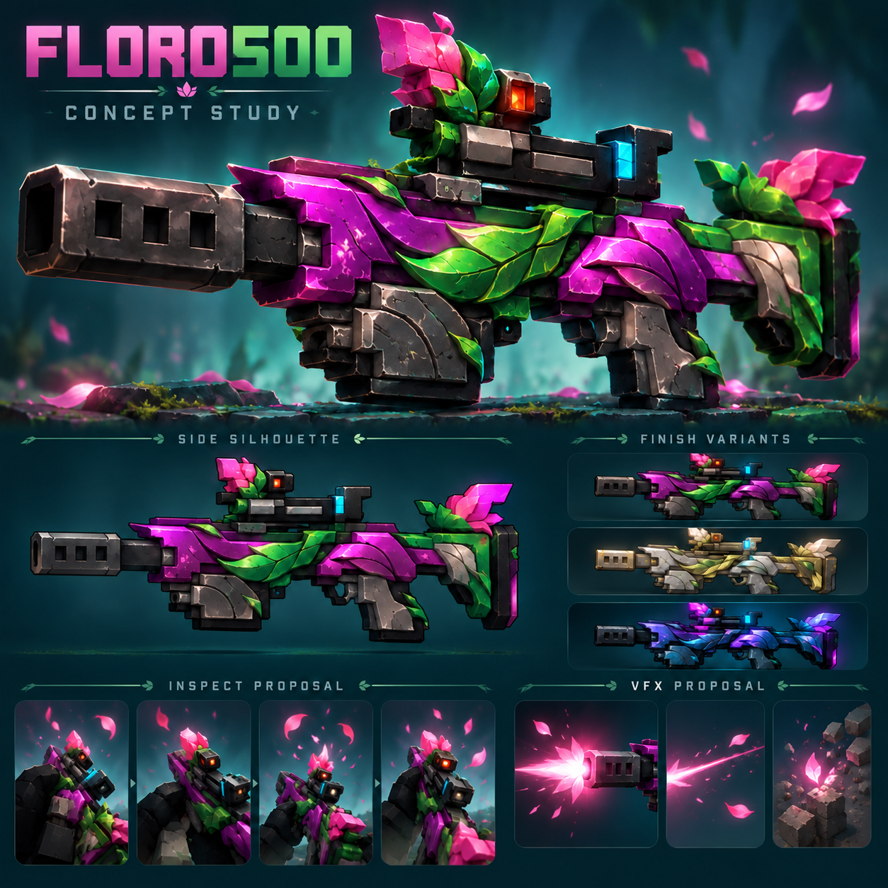 Floro500 hero, side silhouette, proposed finish variants and inspection/effect storyboard
