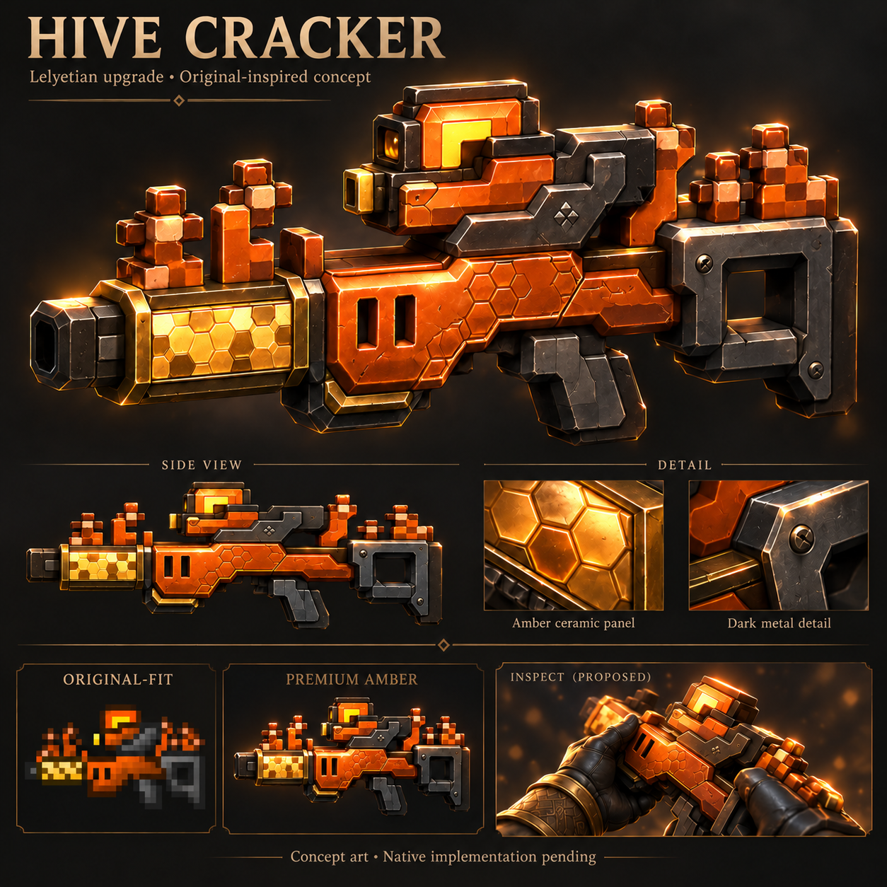 Hive Cracker hero, side profile, material details, two proposed texture treatments and inspect vignette