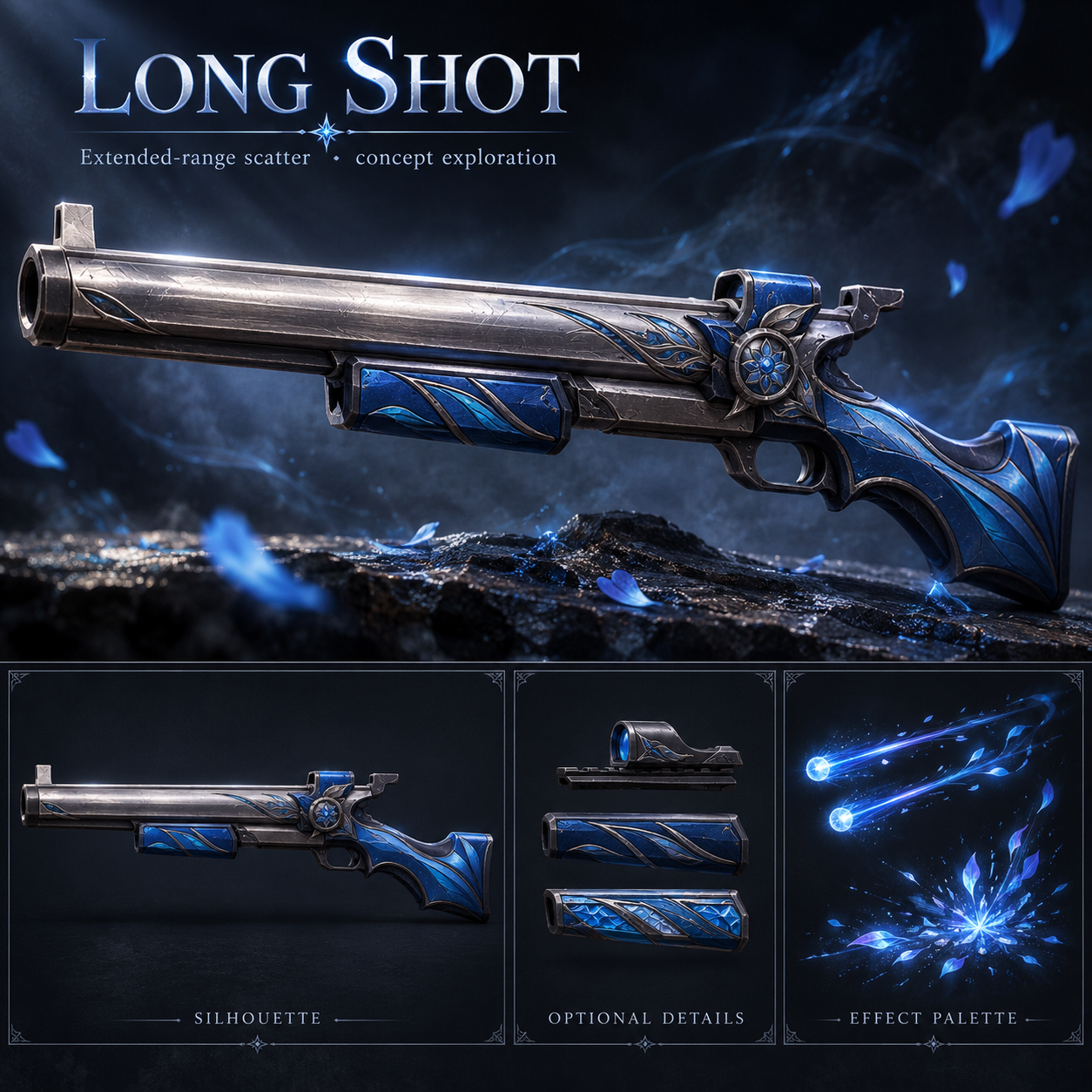 Long Shot premium hero, side silhouette, optional optic and fore-end details, and proposed blue effect palette