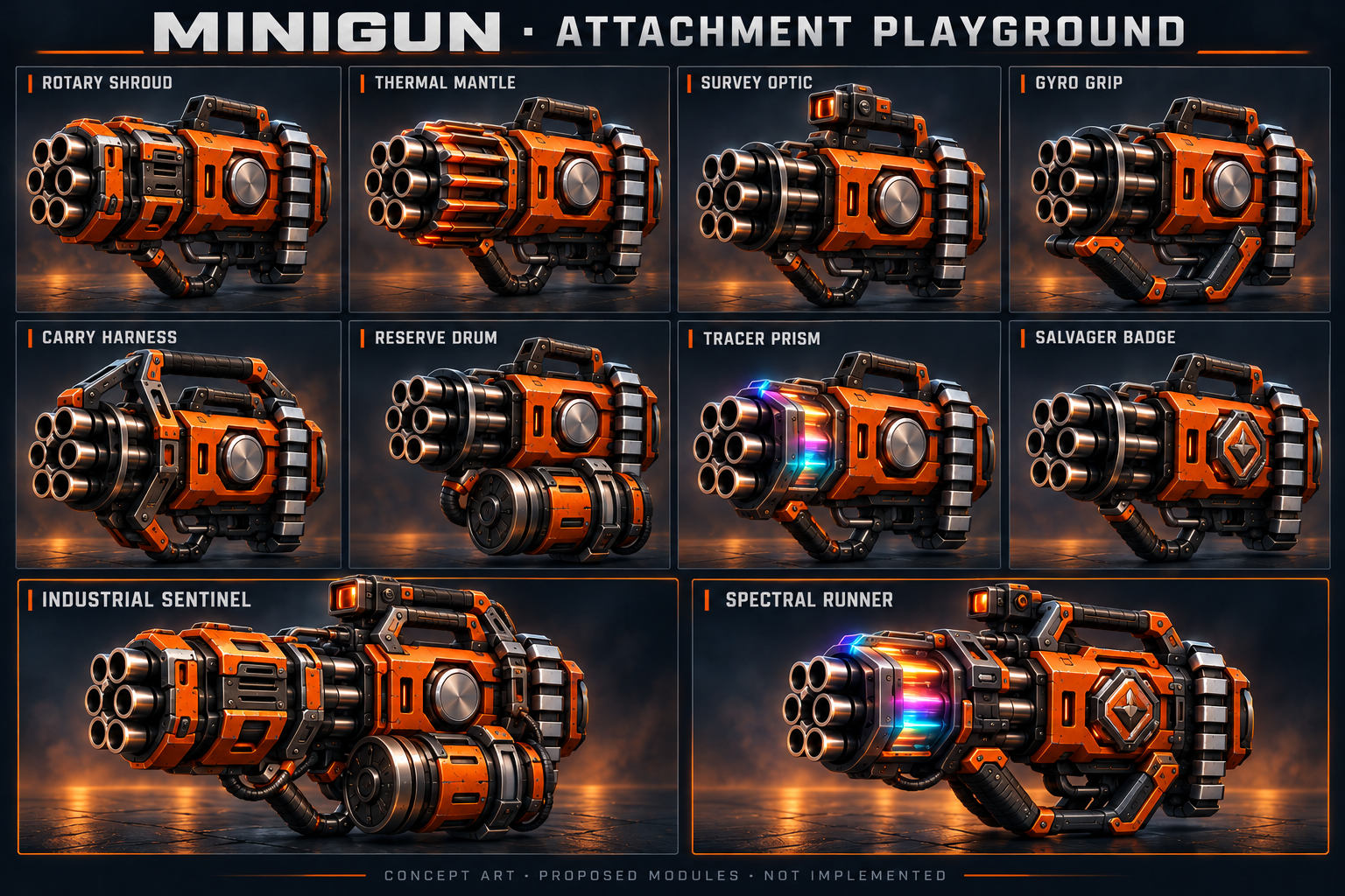 Eight Minigun attachment directions and two imagined builds