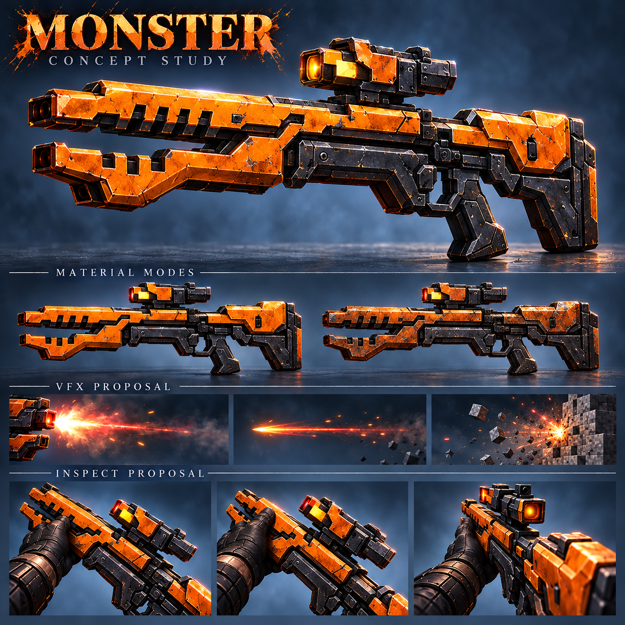 Monster hero, material modes, proposed muzzle/tracer/impact presentation and inspection storyboard