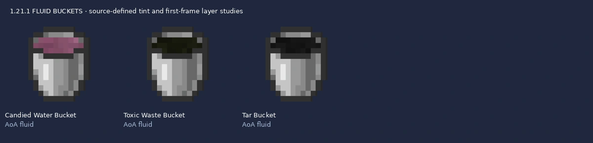 Three modern NeoForge bucket appearances