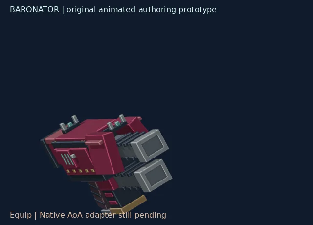Animated authoring preview: equip, firing and bolt cycling, inspection with opening vents, then secondary-effect cue