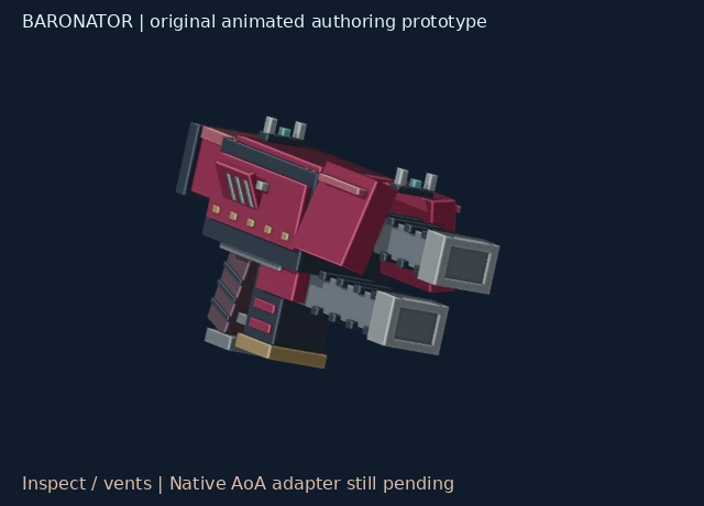 Original Baronator authoring model with red armor, twin muzzle channels and mechanical detail
