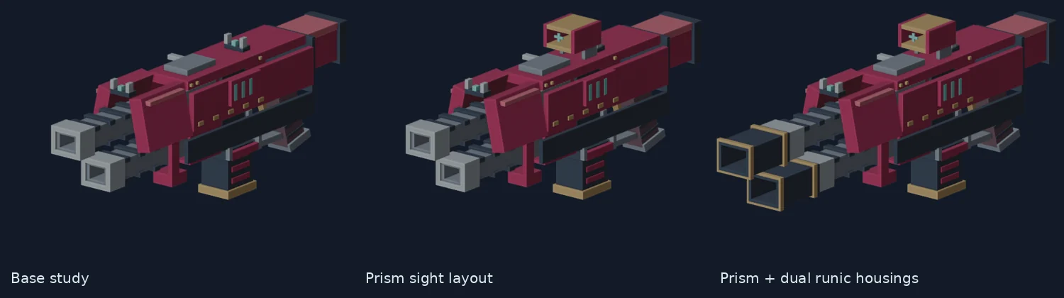 Original authoring renders: base Baronator, prism sight layout, and prism with dual external runic housings