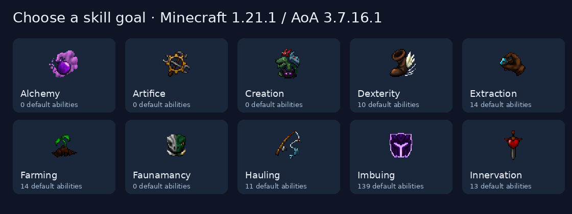 Ten skill choices and verified default ability counts