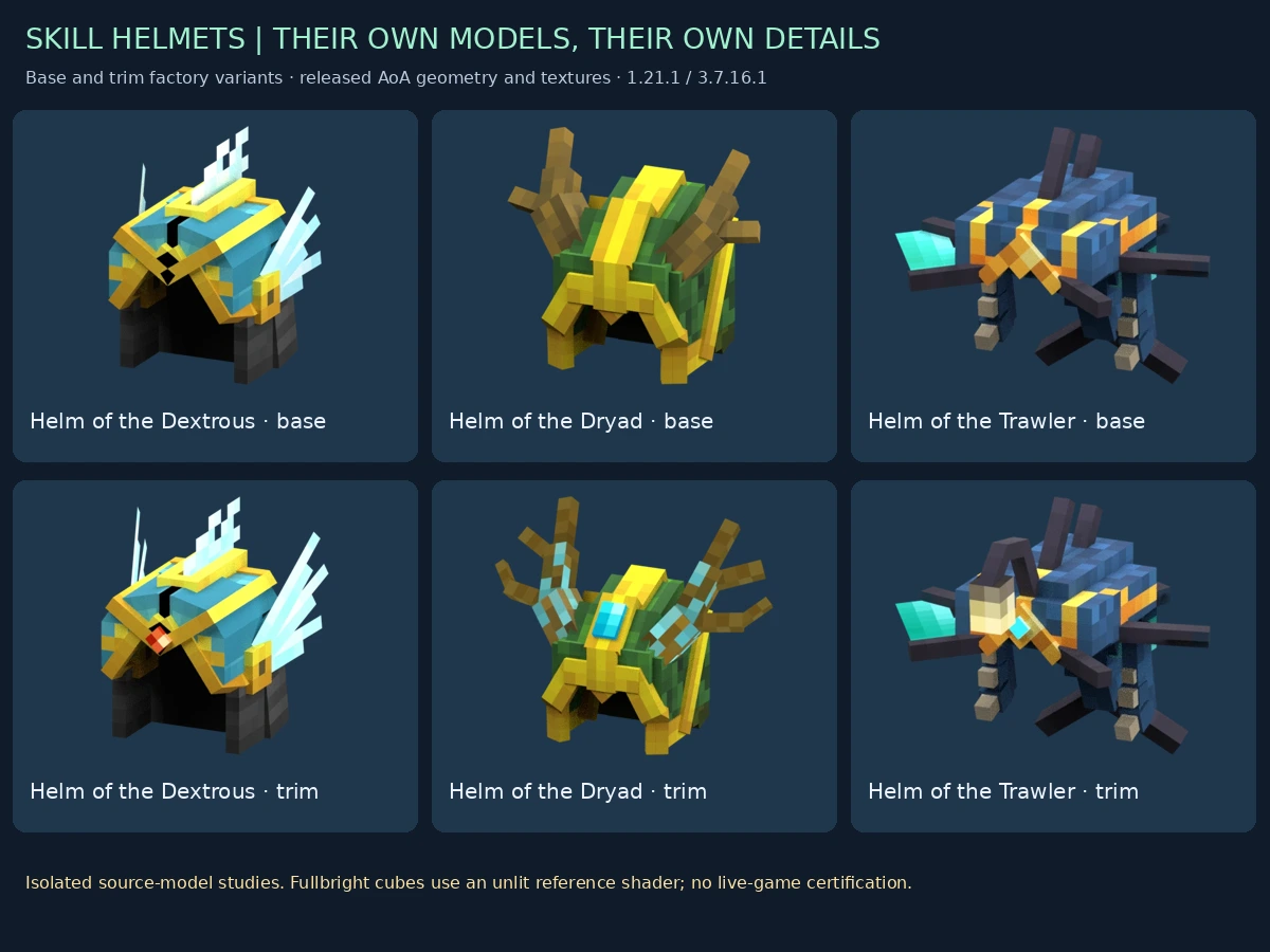 Base and trim factory variants of three Skill Helmets