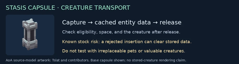 Stasis Capsule base model and creature transport safety workflow