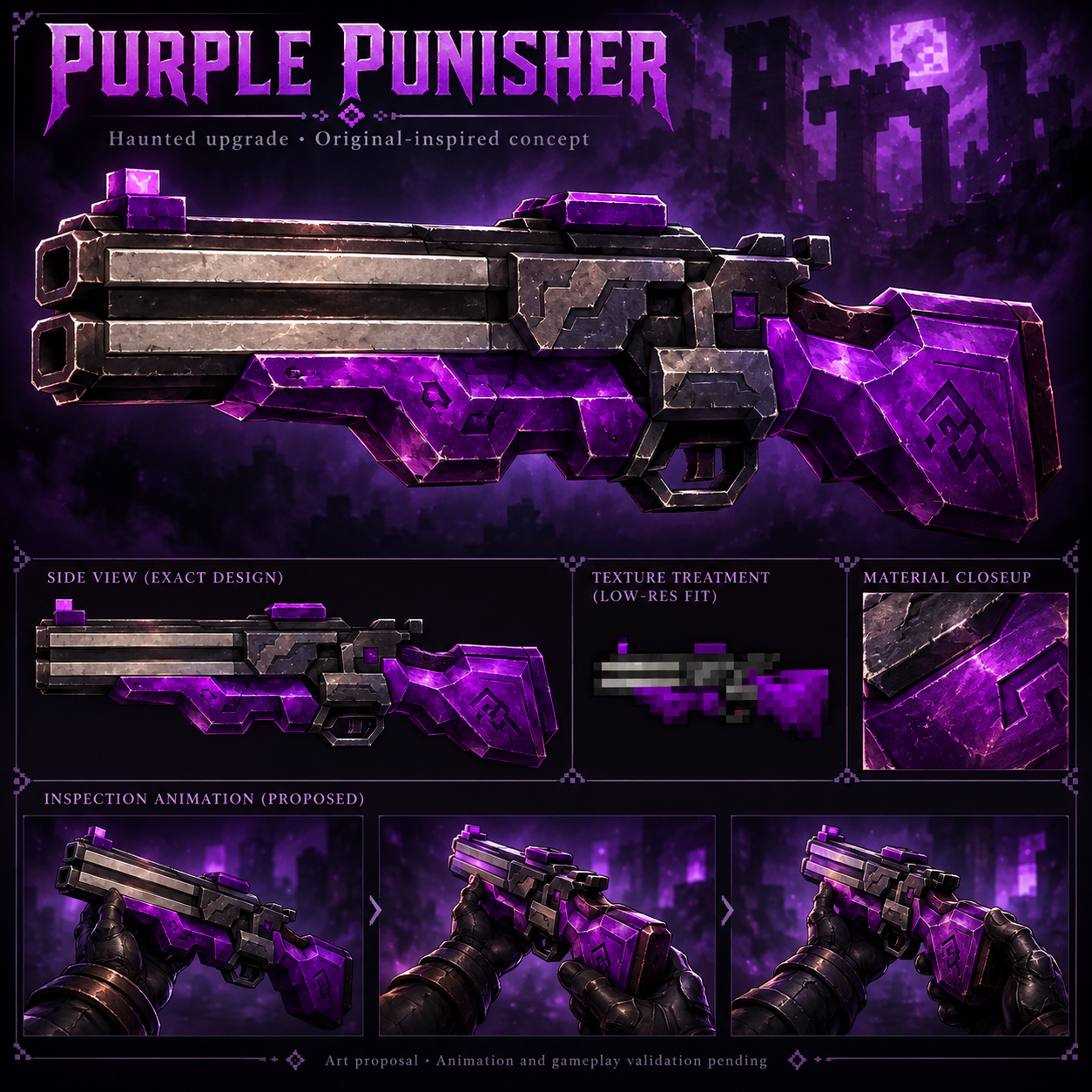 Purple Punisher hero, side profile, material treatments and proposed inspection storyboard