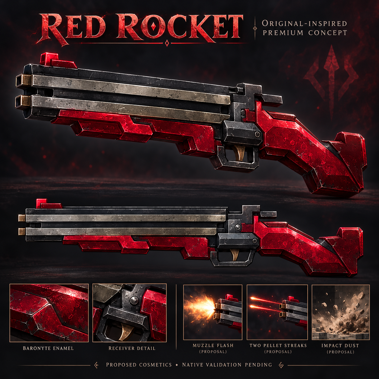 Red Rocket hero, side view, surface detail and proposed muzzle, two-pellet streak and impact treatments