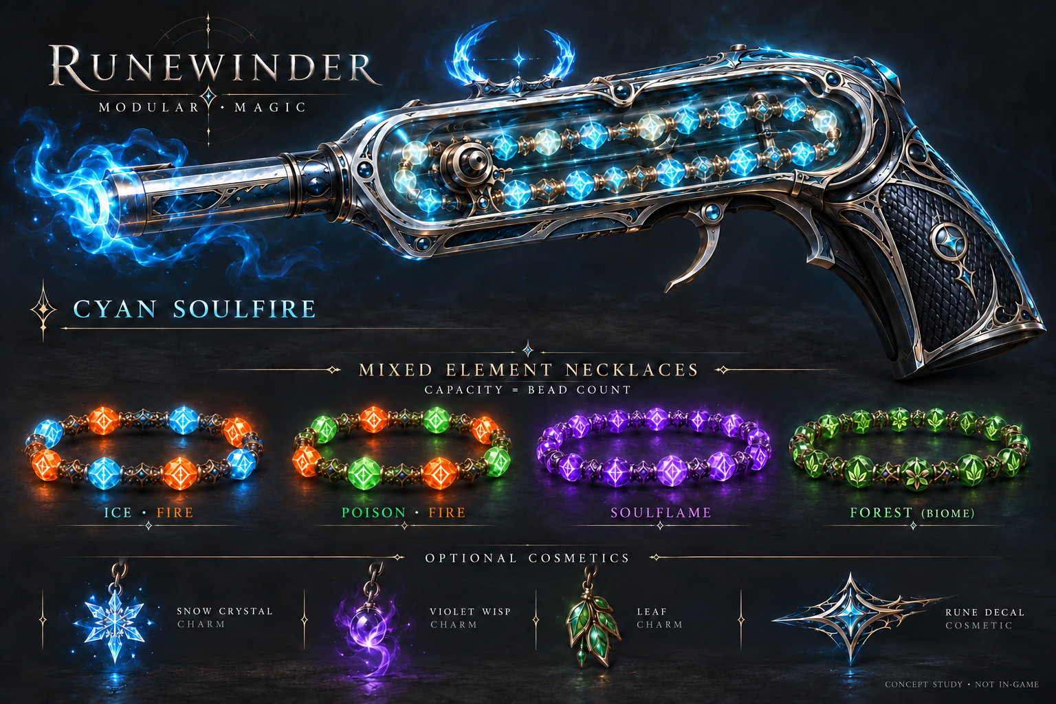 Cyan Soulfire weapon with cold-flame sight, alternating ice-fire and poison-fire necklaces, purple and forest necklaces, and separate decorative charms