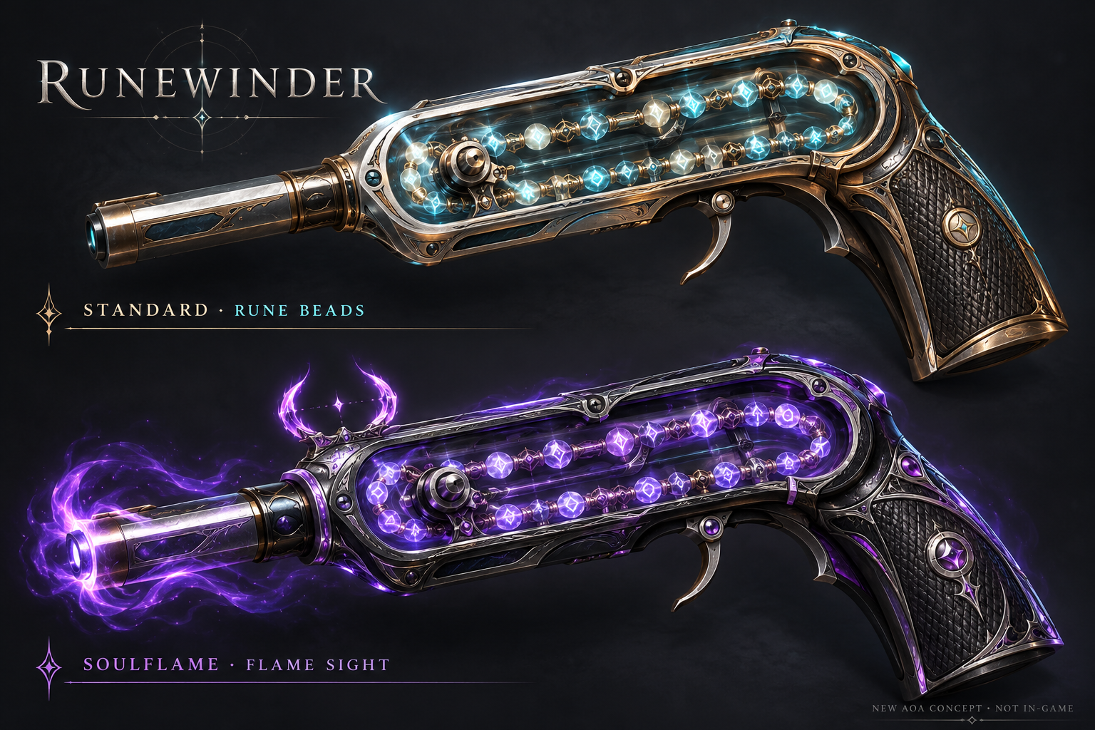 Two fictional sidearm concepts with luminous rune-bead loops behind player-facing glass: cyan and ivory standard above, purple Soulflame with a flame sight below