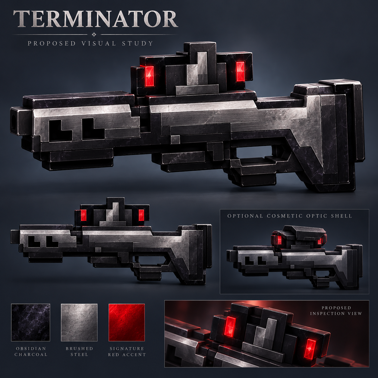 Terminator concept with matching side view, proposed optic shell and material studies