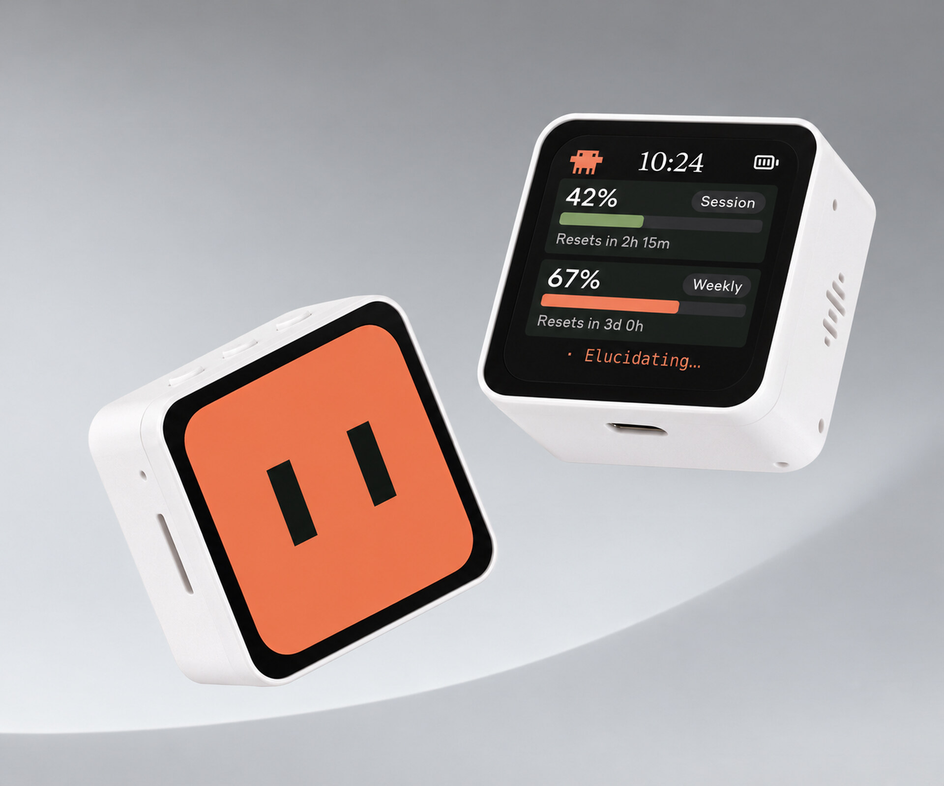 Two Clawdmeter devices: Clawd's face on the left, session and weekly usage on the right