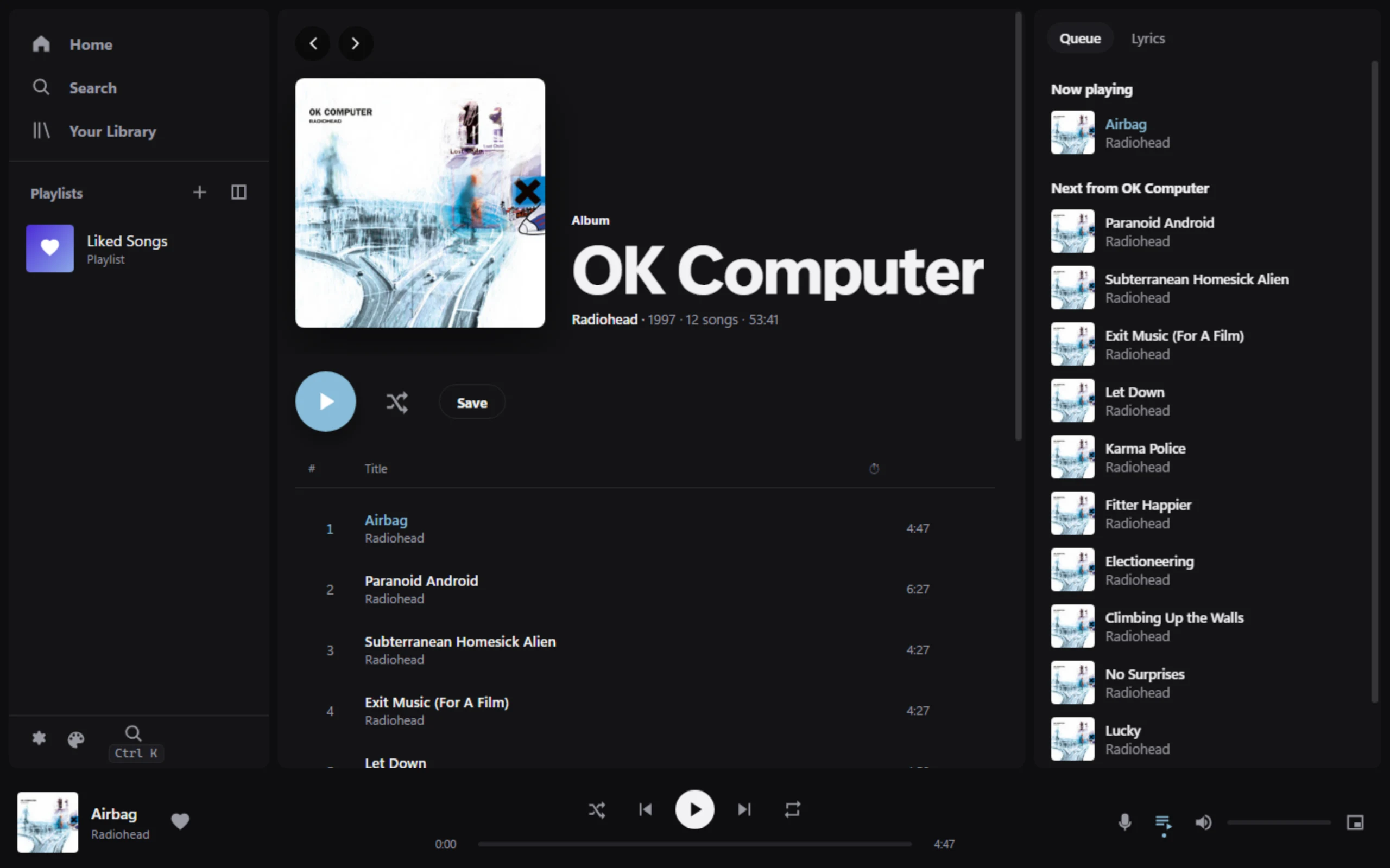 openmp3 showing the OK Computer album page, with the play queue on the right and the player bar at the bottom