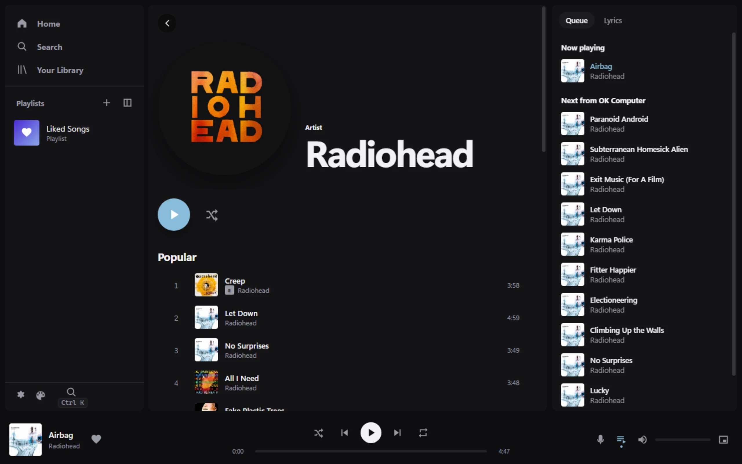 Radiohead artist page with popular tracks