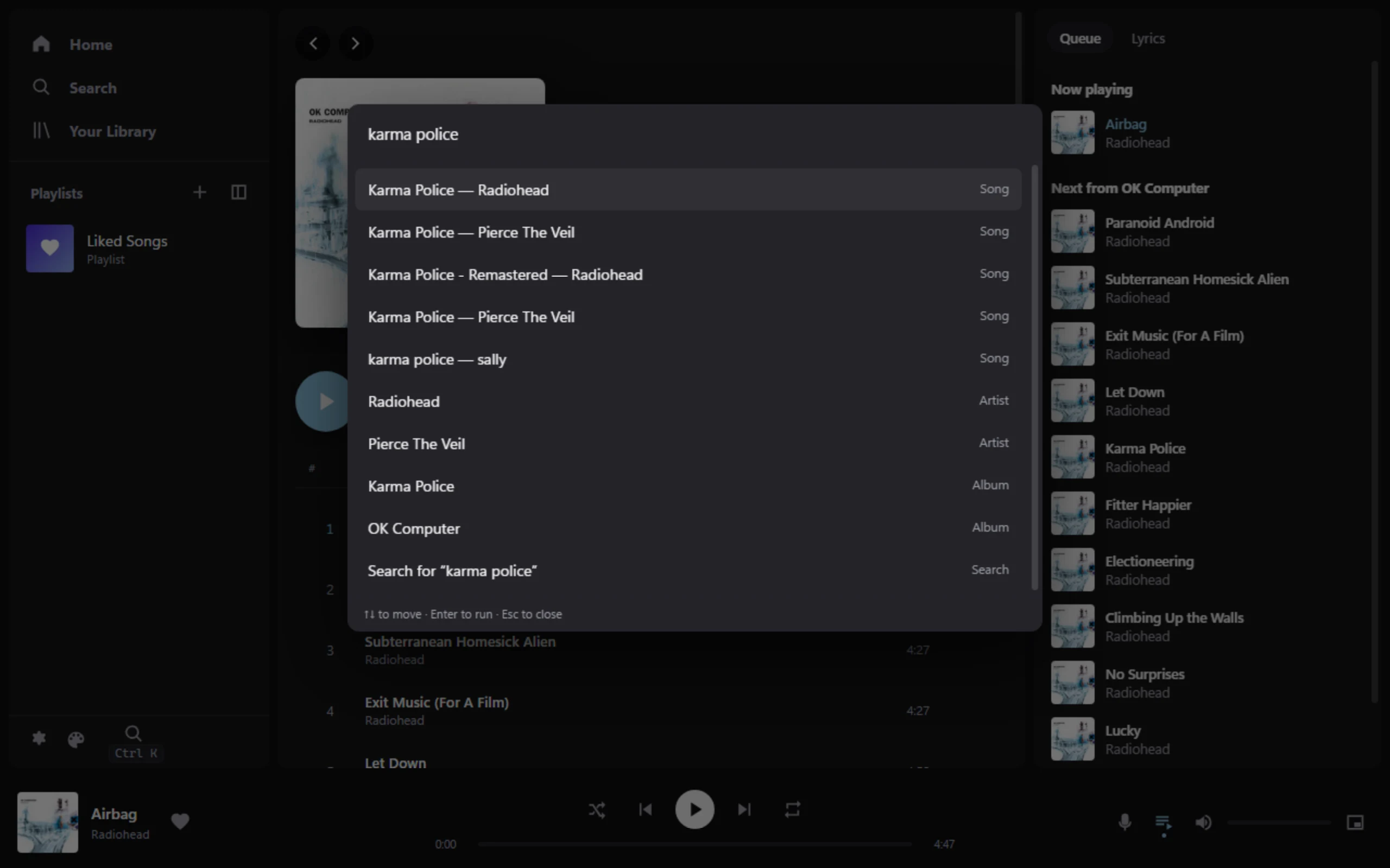 Ctrl+K command bar listing songs, artists and albums matching 'karma police'