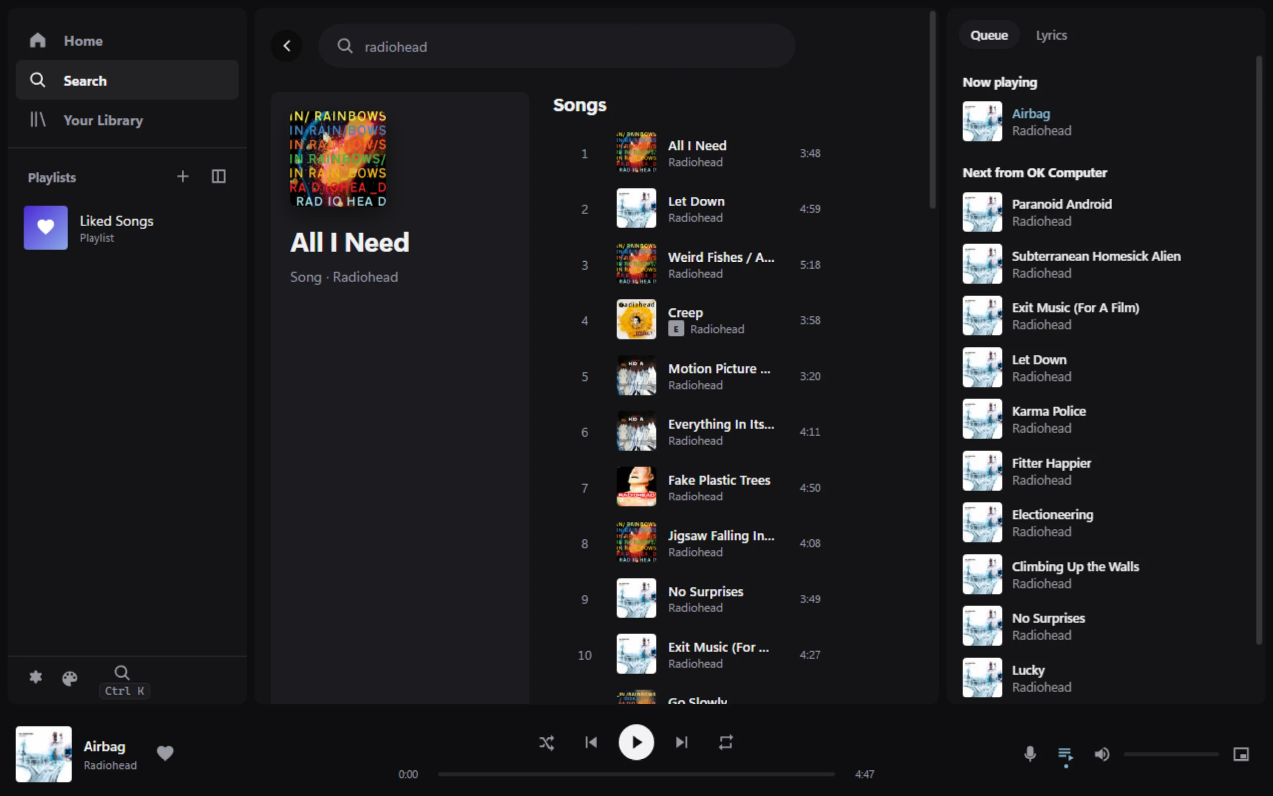 Search results for 'radiohead': top result card and a list of songs