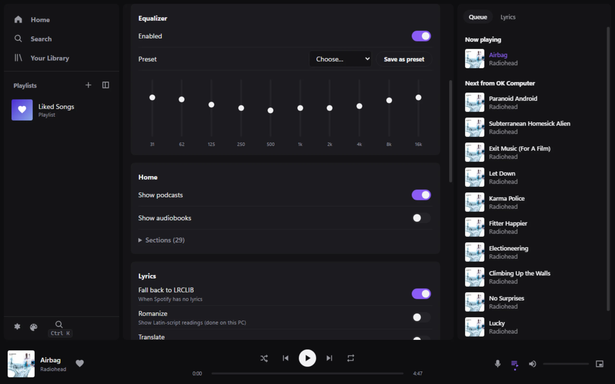 Settings page showing the 10-band equalizer with a preset applied