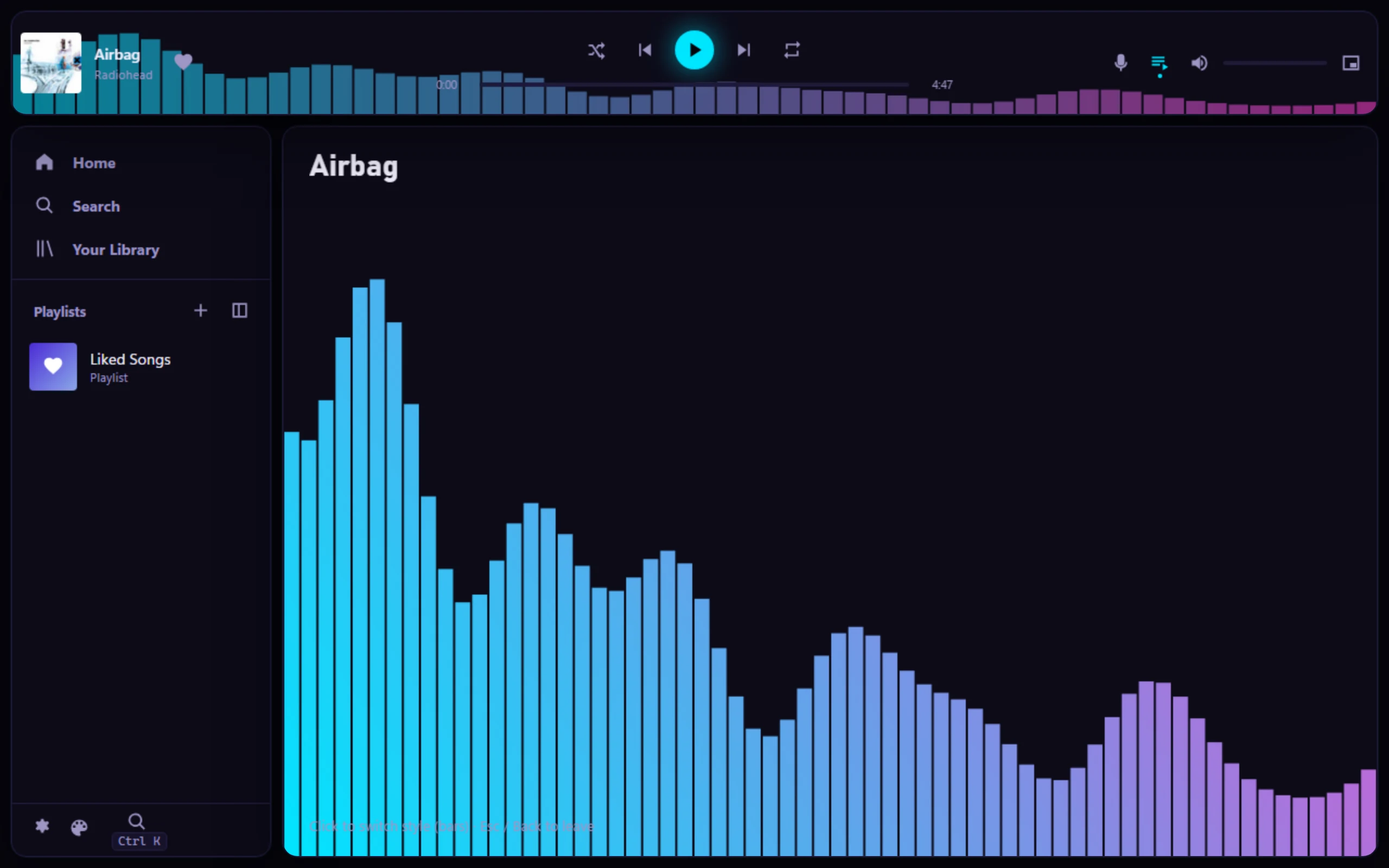 The example Spectrum theme: player bar moved to the top and a full-screen bar visualizer
