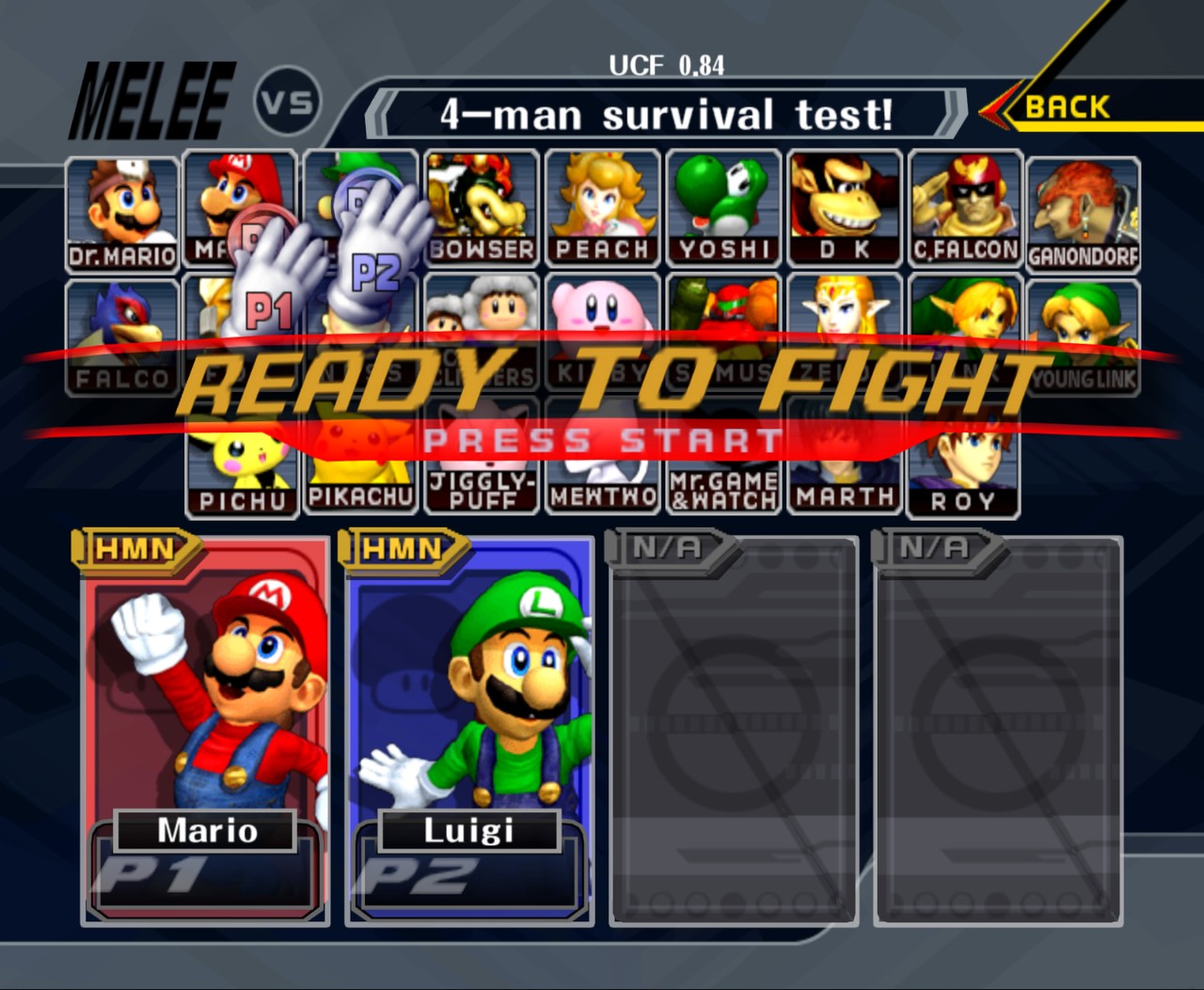Tela de seleção de personagens de Super Smash Bros Melee executada pelo Melee Unlocked