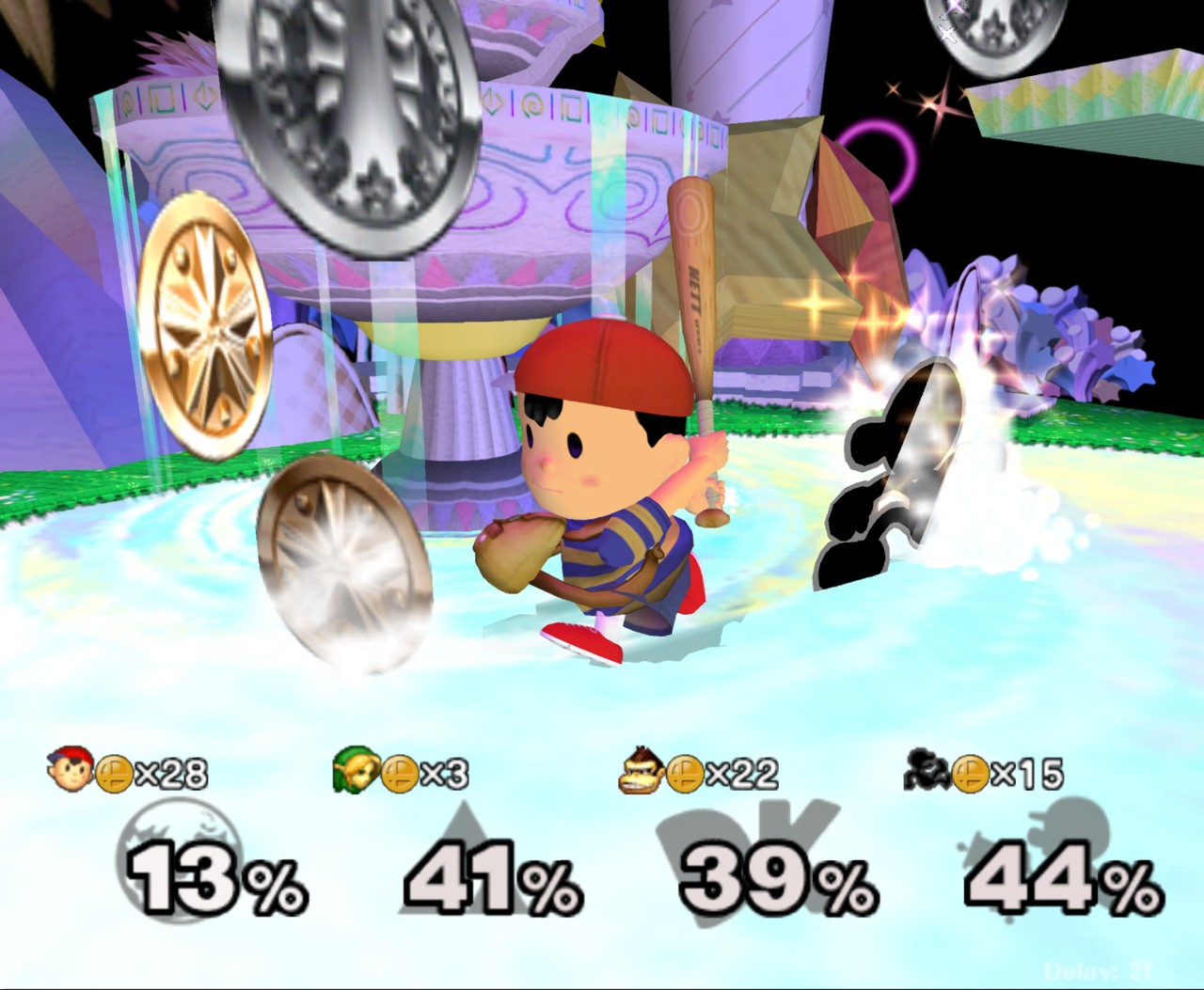 Melee Unlocked executando uma partida em Fountain of Dreams com DLAA