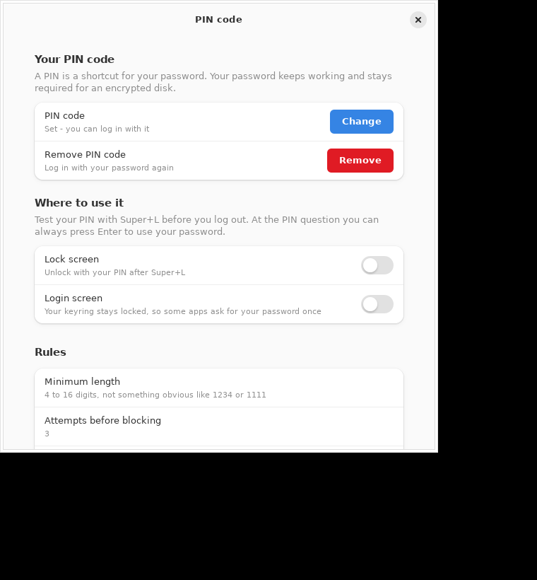 The PIN code settings window