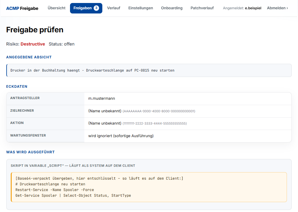 Detailansicht einer PowerShell-Freigabe mit Absicht, Eckdaten und entschlüsseltem Skript
