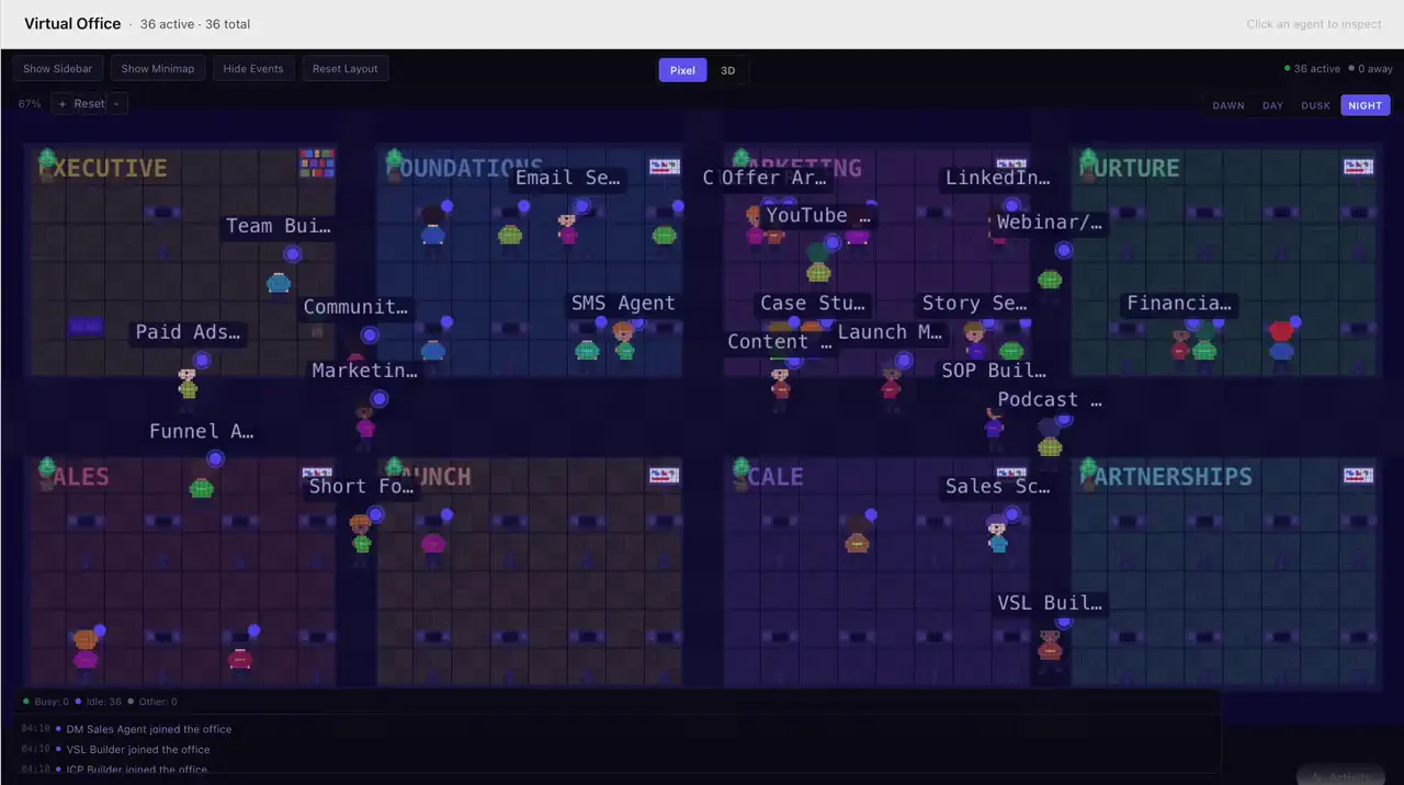 Growth Operator Agency workspace running live on Canopy — agents drafting a VSL, signals routing in real time