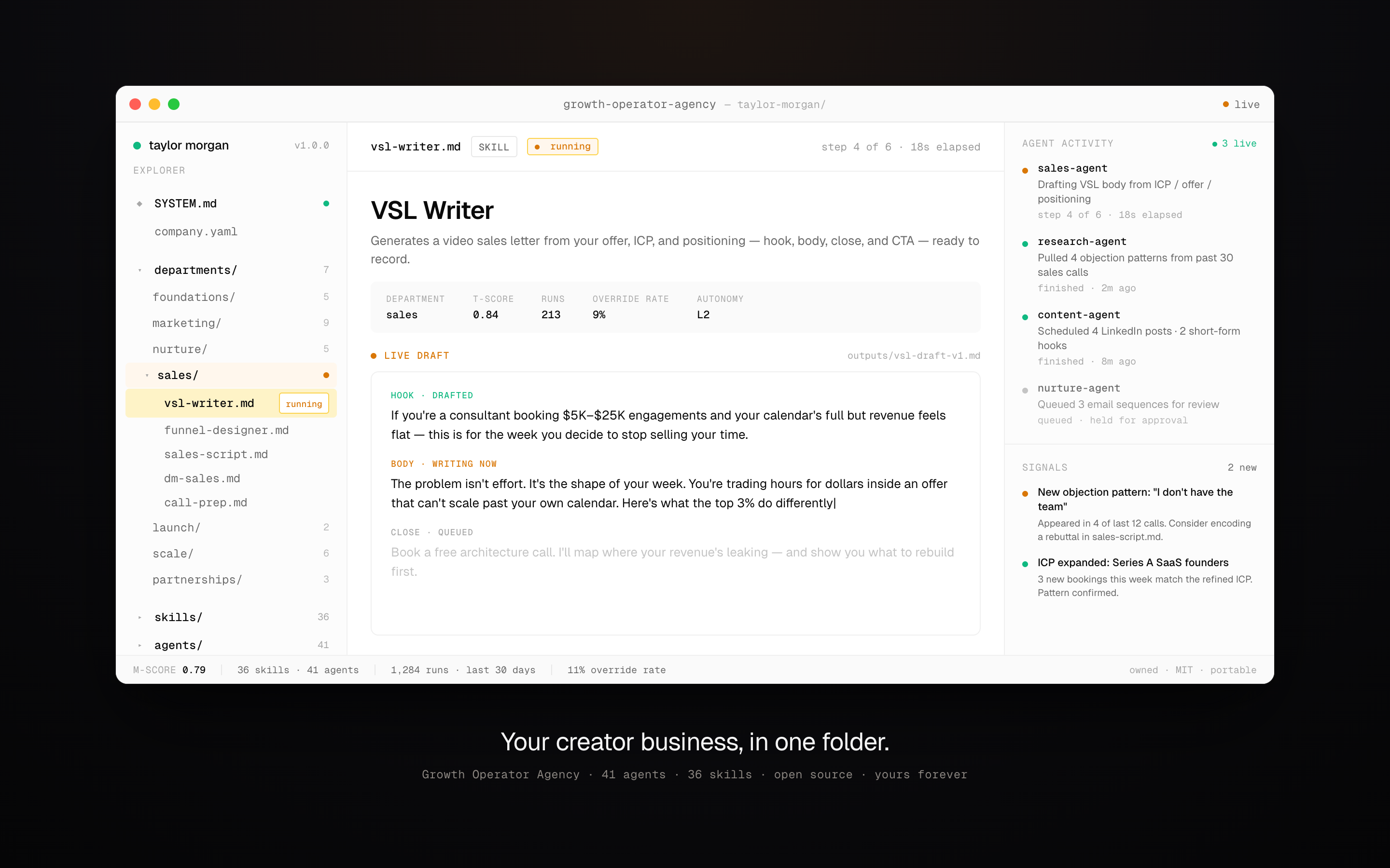 Growth Operator Agency workspace — VSL drafting live, agents working, signals routed