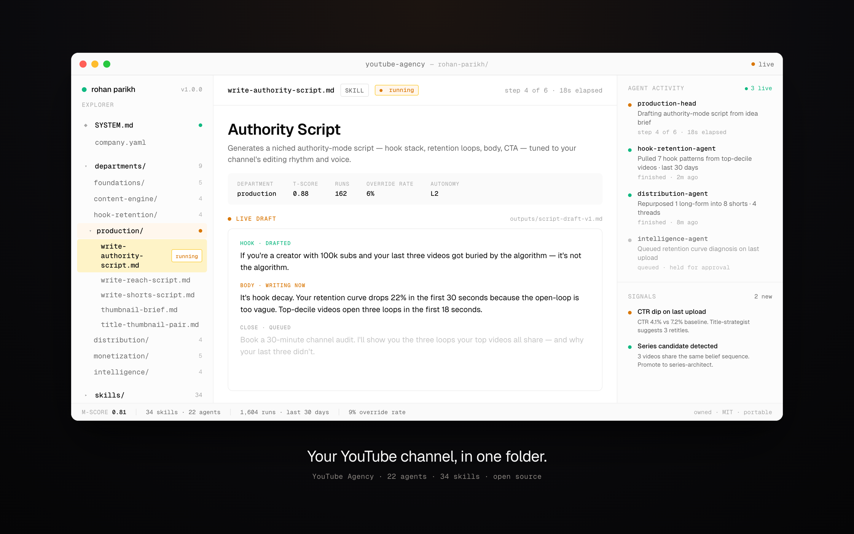 YouTube Agency workspace — authority script drafting live, retention signals, agents working