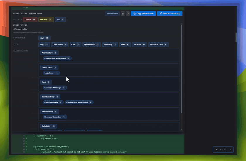 Issue Navigator: browse review comments by risk category, severity, and area