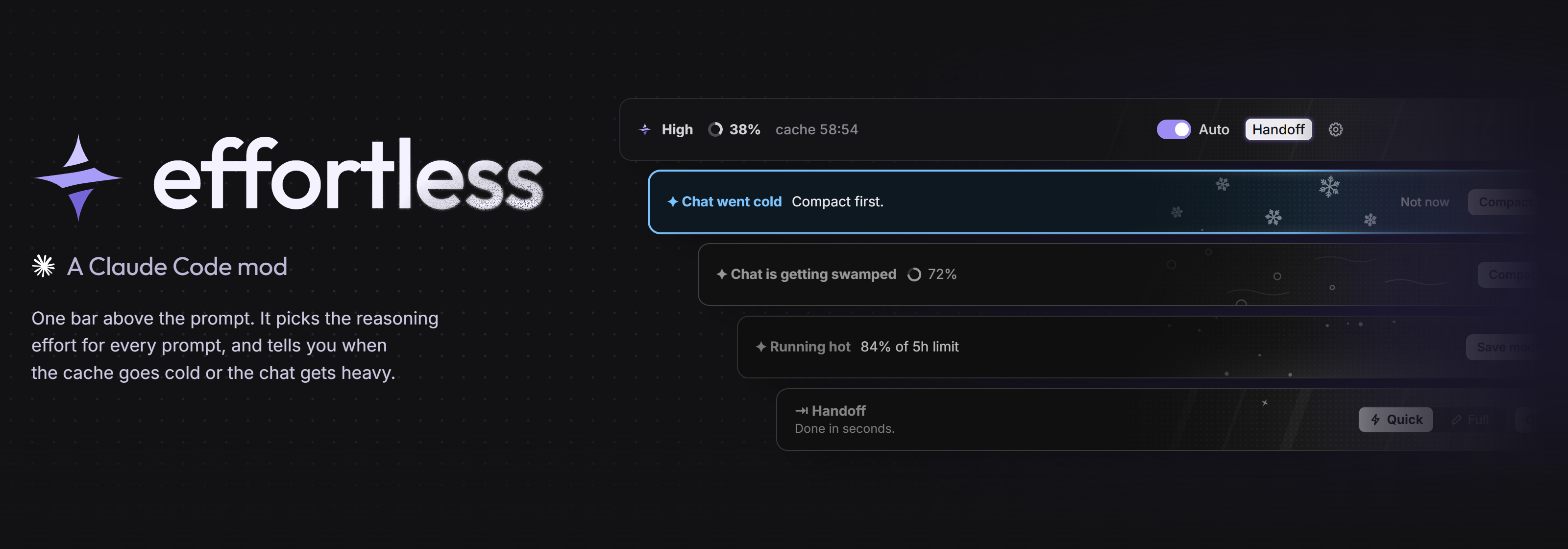 effortless, a Claude Code mod: one bar above the prompt that picks the model and the reasoning effort for every prompt