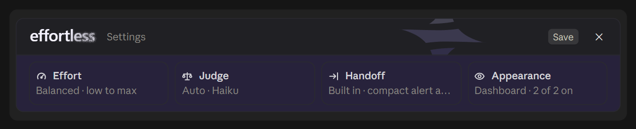 The settings panel: Effort, Judge, Handoff, Customize