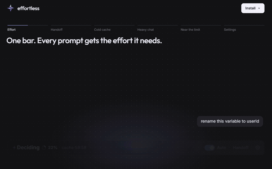 effortless in a Claude Code chat: effort per prompt, Handoff, cold cache, heavy chat, limits and settings