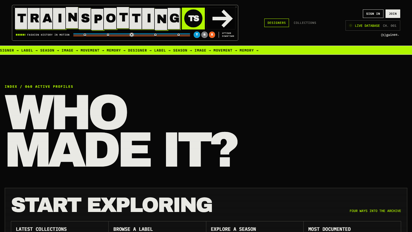 Trainspotting fashion archive showing its transit-inspired masthead, discovery navigation, and designer index
