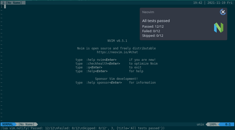 Screenshot of a Neovim window with a native desktop notification hovering on top of it. The command-line of the Neovim window shows the command which produced the notification.