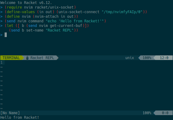 Screenshot of running a Racket REPL in Neovim, using Racket to control Neovim