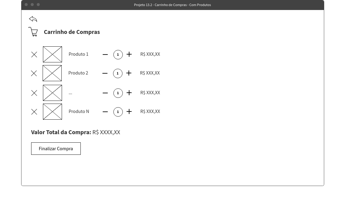 Tela - Carrinho de compras com quantidades