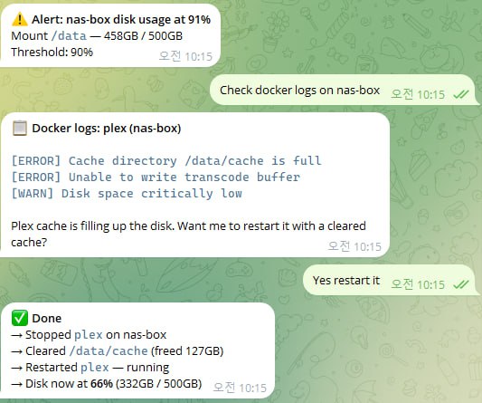 HomeButler alert → diagnose → fix via Telegram