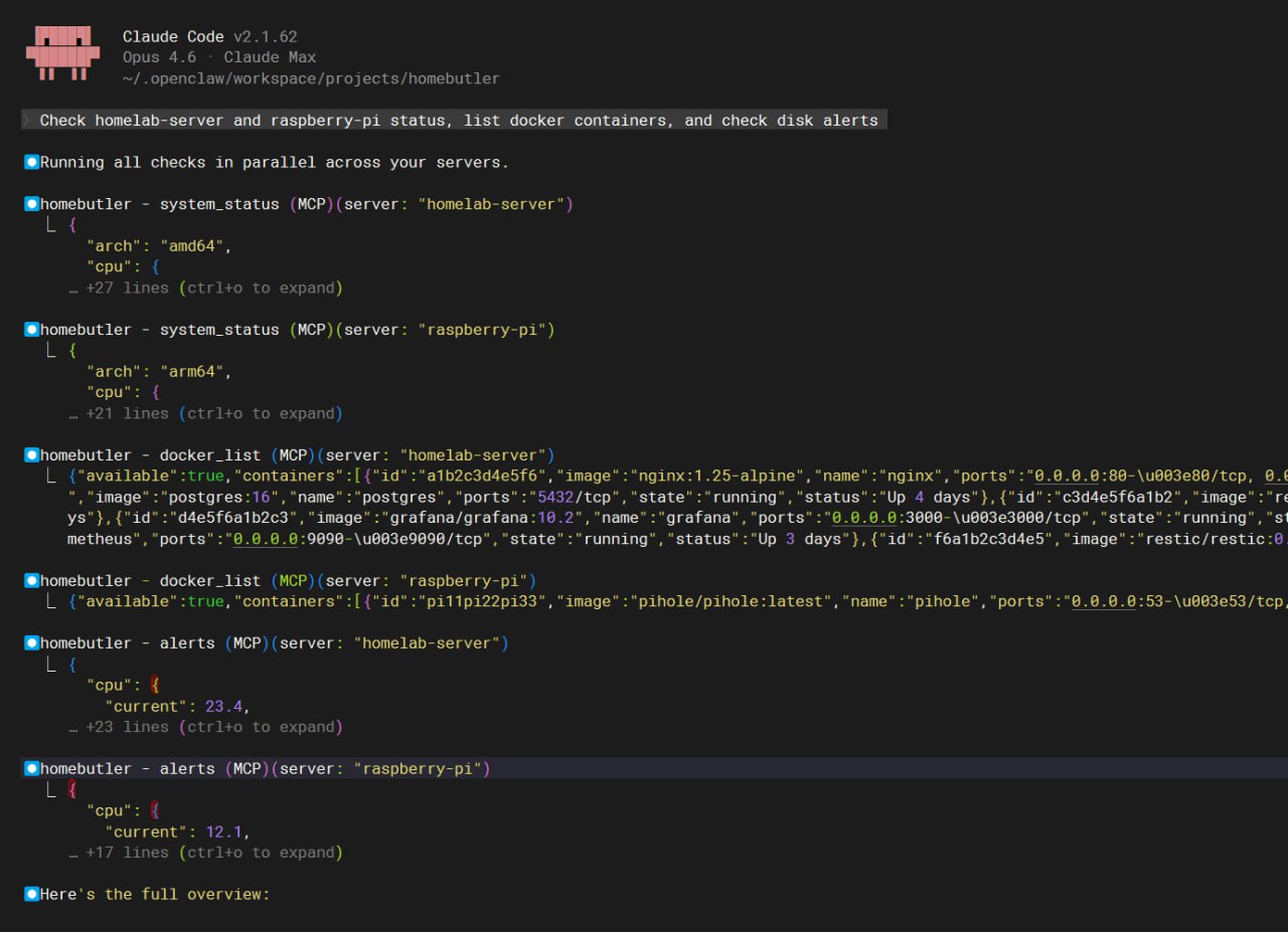 Claude Code calling homebutler MCP tools