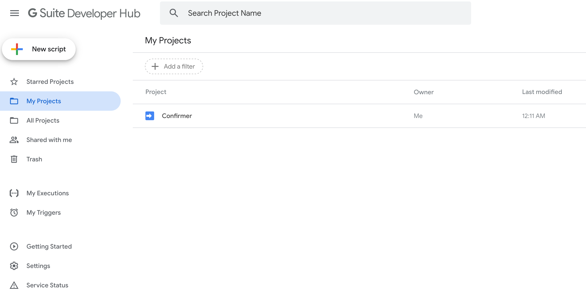 Google Apps Script projects page