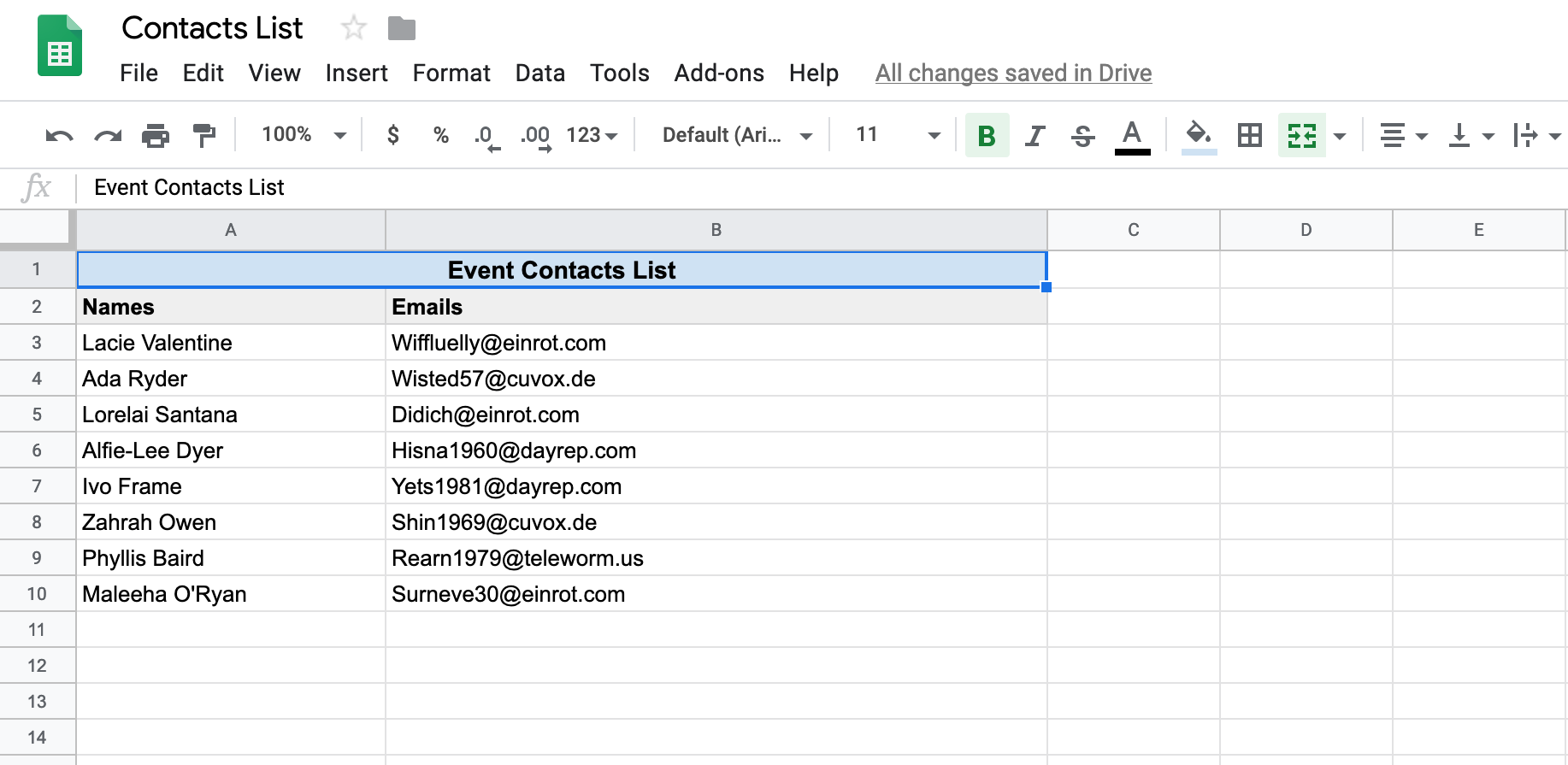 Example contacts Google Sheet