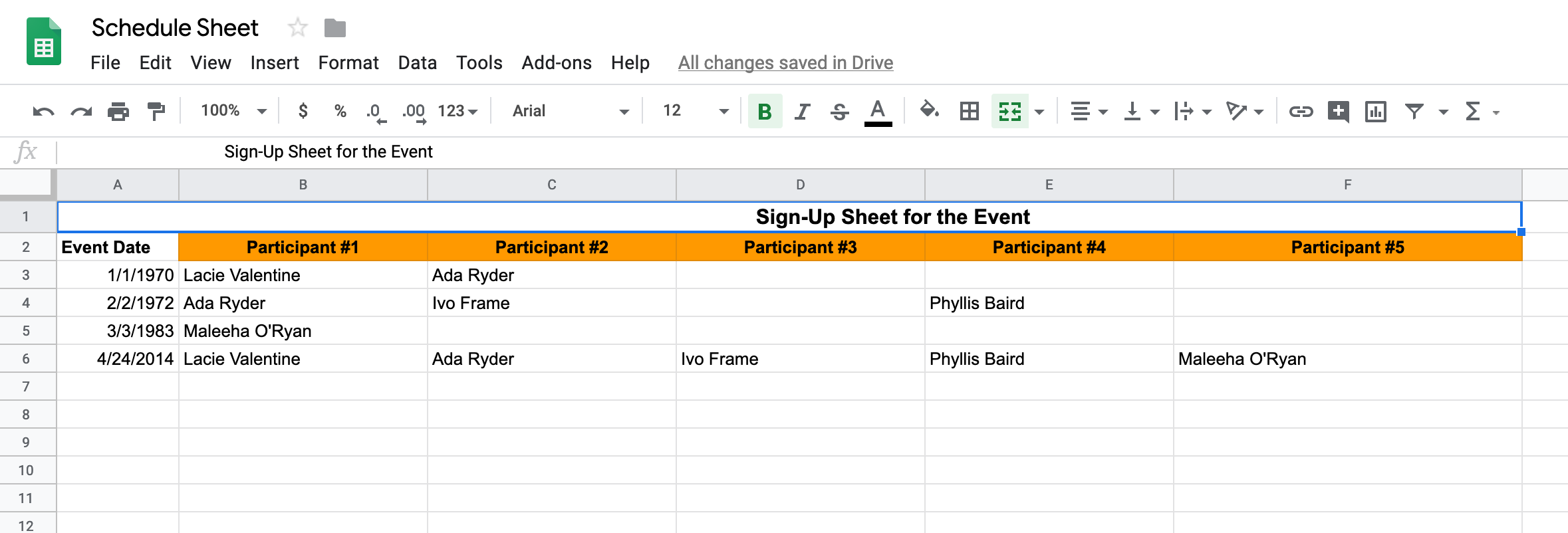 Example schedule Google Sheet