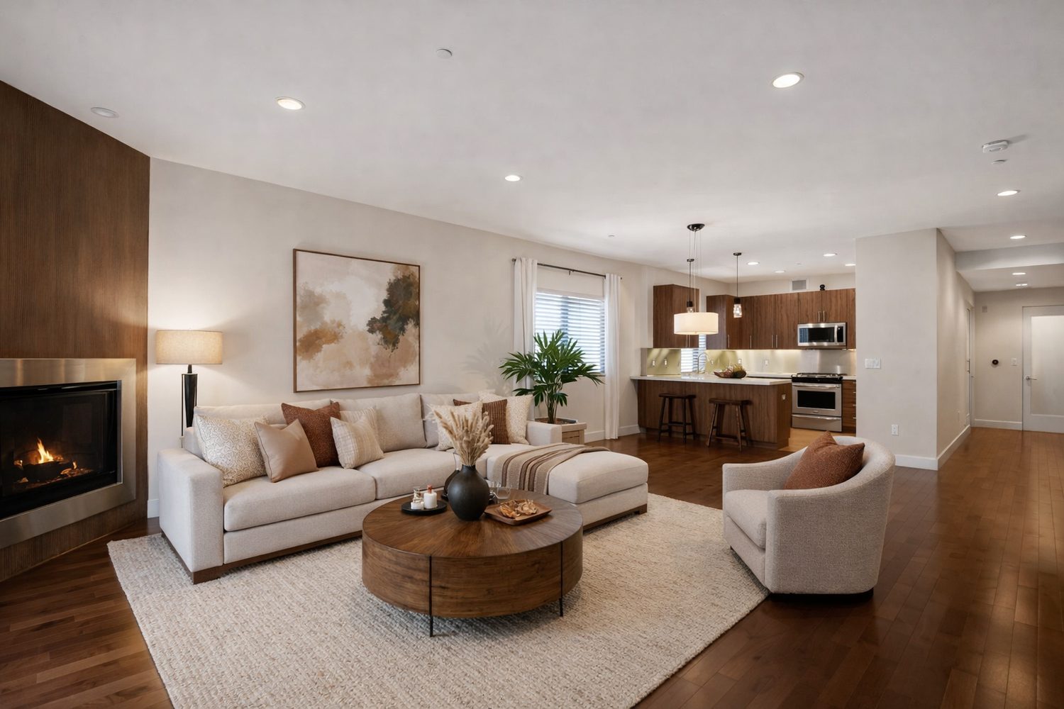 Living area with fireplace open to the kitchen at 11023 Fruitland Drive #401
