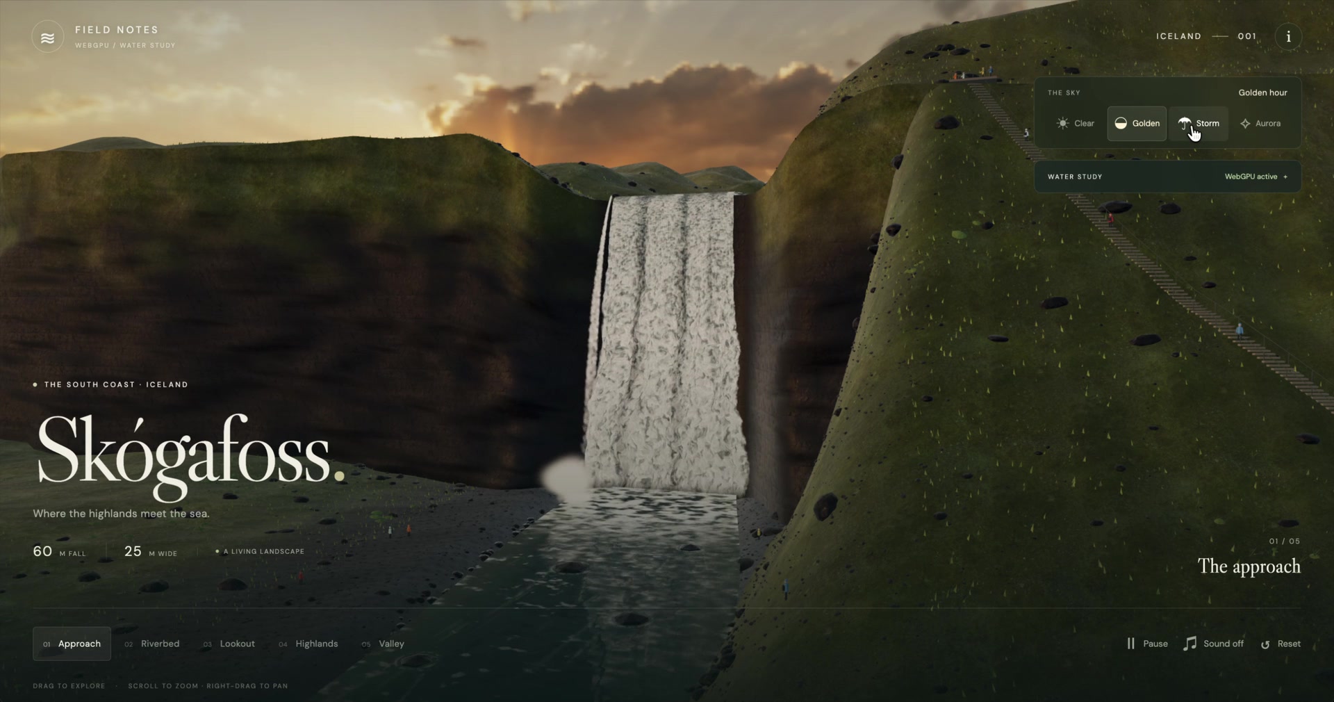 Skógafoss waterfall rendered in the browser with WebGPU